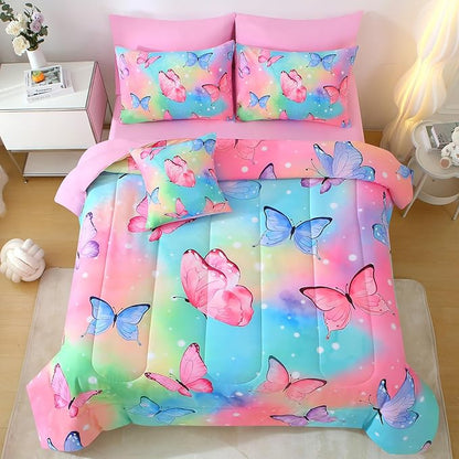 JQinHome 8 Pc Butterfly Comforter Set Queen, 3D Rainbow Butterfly Bedding Set for Girls Women,All Season Microfiber Butterfly Design Bedding Collection with Pillowcase, Flat & Fitted Sheet(Rainbow)