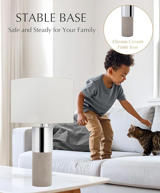 HarvestLand 22" Sole Cement Large Table Lamp – Modern Round Stone Lamp with Chrome Accent for Entry Table or Lamp for Living Room, Decorative lamp, Bedside Table lamp