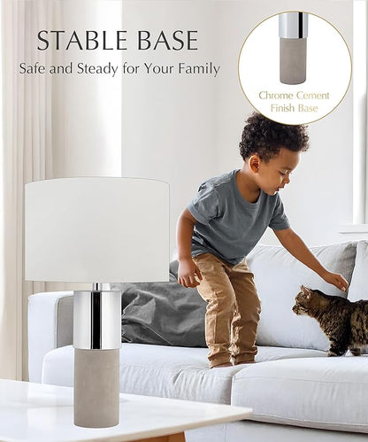 HarvestLand 22" Sole Cement Large Table Lamp – Modern Round Stone Lamp with Chrome Accent for Entry Table or Lamp for Living Room, Decorative lamp, Bedside Table lamp