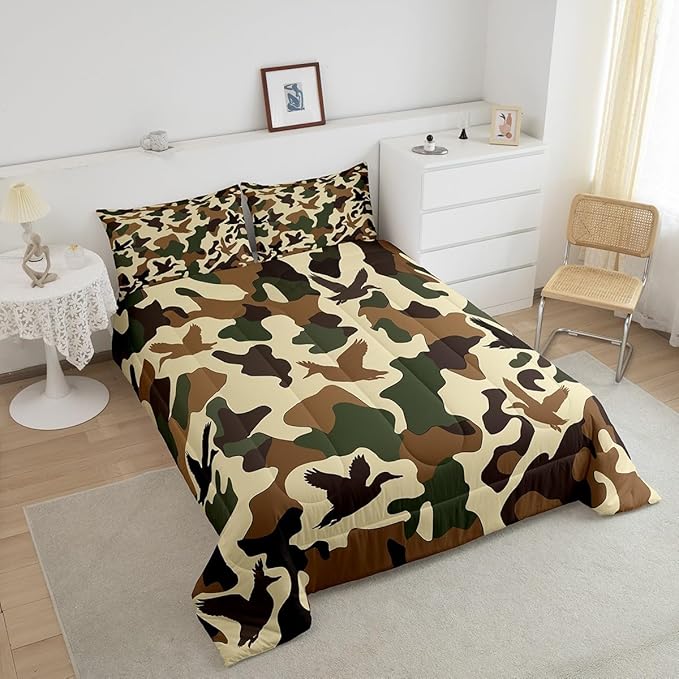 Erosebridal Duck Hunter Duvet Insert Full Size Camo Bedding for Kids Army Camouflage Hunting Bedding Comforter Sets Vintage Green Brown Bedroom Decor Wild Animal Duck Rustic Comforter Set