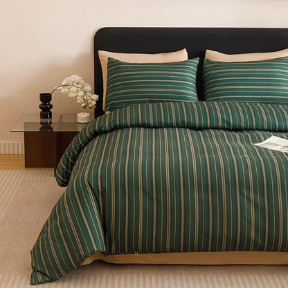 KAREVER Green Stripes Comforter Full Vertical Ticking Striped Dark Green Bedding Set Durable Chic and Stylish Bedroom Set