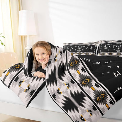 Erosebridal Western Bull Skull Comforter Set Boho Southwestern Aztec Bedding Set Toddler Size for Boys Teens Men, Ethnic American Native Quilt Farmhouse Rustic Tribal Duvet Insert 2 Piece, Black Grey