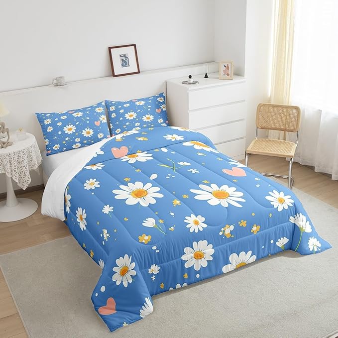 Manfei Cute Daisy Comforter Set King Size, White Flower Floral Bedding Set 3pcs for Kids Boys Girls Bedroom Decor, Botanical Garden Artwork Quilt Set Polyester Duvet Set with 2 Pillowcases