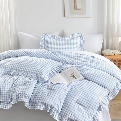 Andency Blue Gingham Ruffle Comforter Twin(66x90Inch), 2 Pieces(1 Ruffled Comforter and 1 Pillowcase) Solid Farmhouse Shabby Chic Bed, Vintage Rustic Soft Microfiber Bedding Set