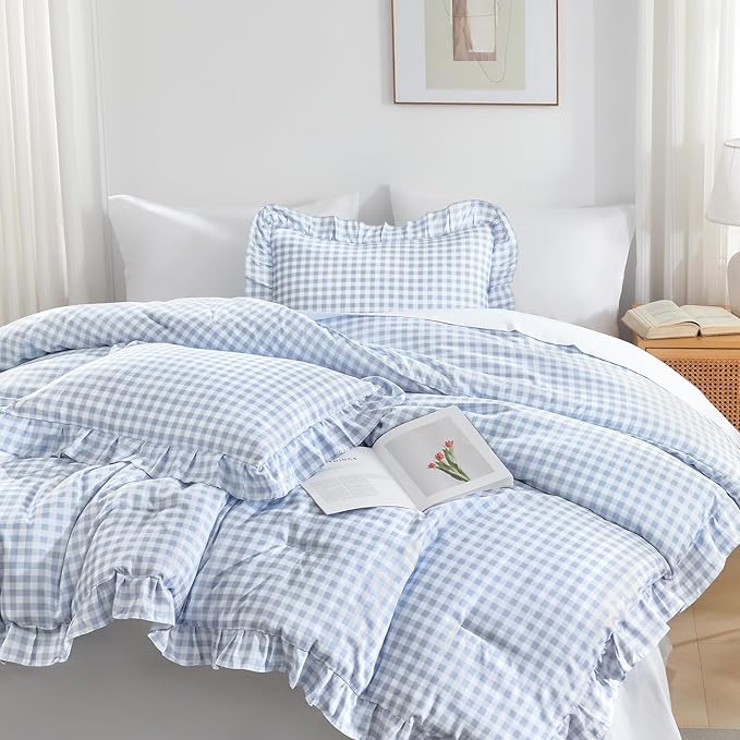 Andency Blue Gingham Ruffle Comforter King(104x90Inch), 3 Pieces(1 Ruffled Comforter and 2 Pillowcases) Solid Farmhouse Shabby Chic Bed, Vintage Rustic Soft Microfiber Bedding Set