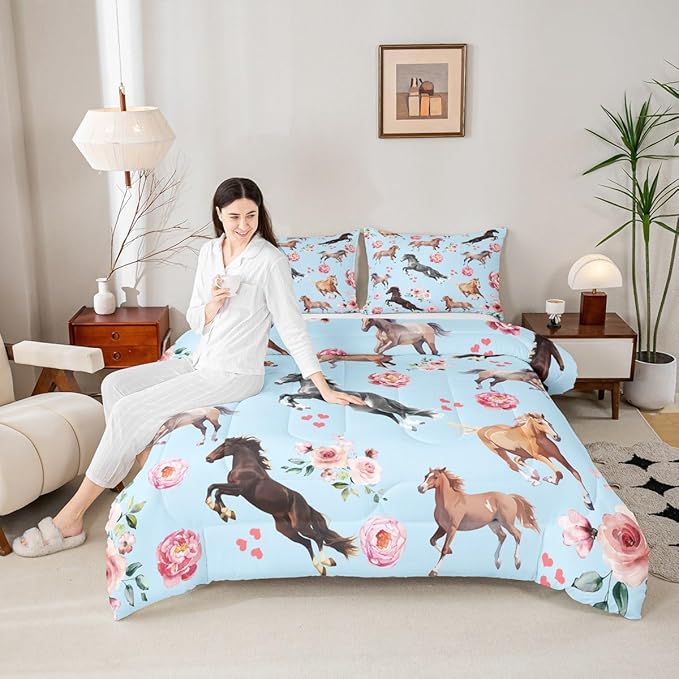 Horse Comforter Set King for Cowboy Cowgirl,Southwest Rose Petal Bedding Set for Youth Adult,Rustic Horse Quilt Set for Bedroom Decor,Vintage Farmhouse Wildlife Down Comforter with 2 Pillowcases