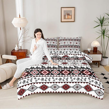 Aztec GeometricComforter Set King Size,Rustic Farmhouse Wolf Kids Bedding Set,Pine Tree Country Quilt Comforter,Red Black Duvet Insert,2 Pillowcases