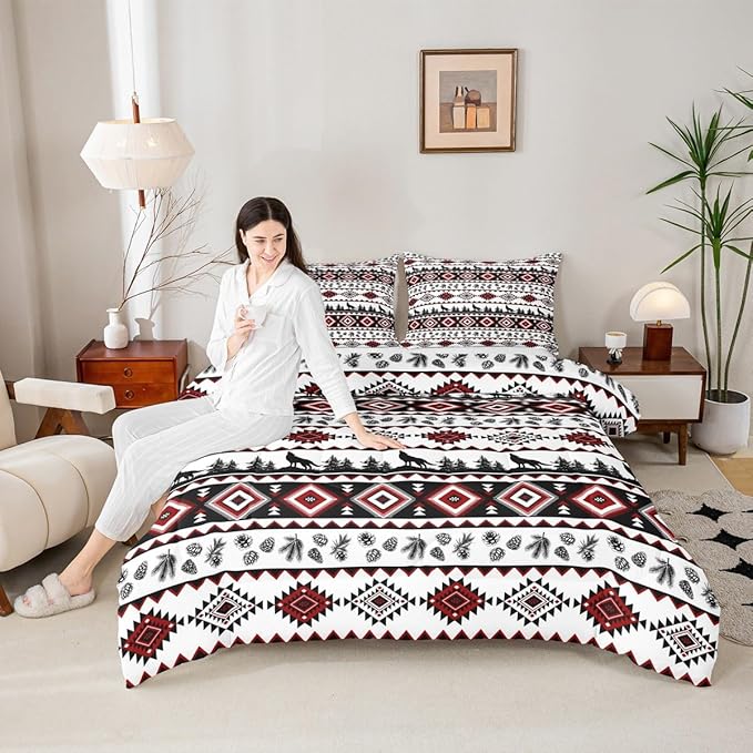 Manfei Aztec Geometric Kids Comforter Set Twin Size,Rustic Farmhouse Wolf Bedding Set for Boys Girls Room Decor,Pine Tree Country Quilt Comforter,Red Black Duvet Set Bedroom Quilt Set,1 Pillowcase