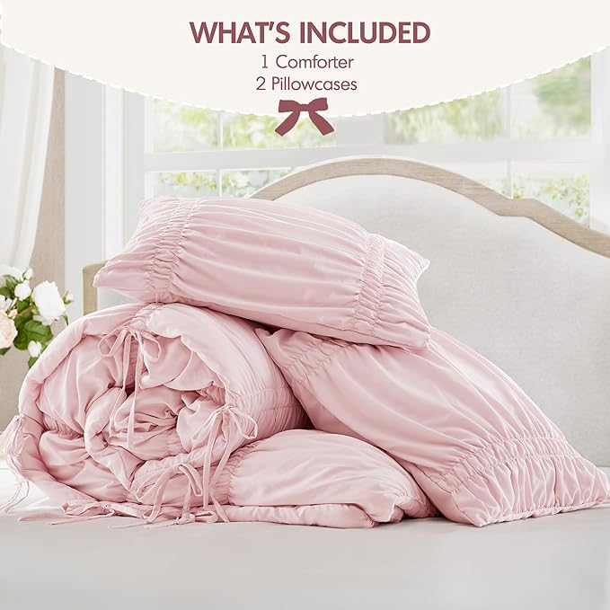 Intelligent Design King Comforter Set Ruched Shabby Chic Comforters for King Size Bed, All Season Lightweight Comforter King, French Country Bedding Set, Shams, Ella, King/Cal King, Pink 3 Piece