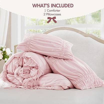 Intelligent Design King Comforter Set Ruched Shabby Chic Comforters for King Size Bed, All Season Lightweight Comforter King, French Country Bedding Set, Shams, Ella, King/Cal King, Pink 3 Piece