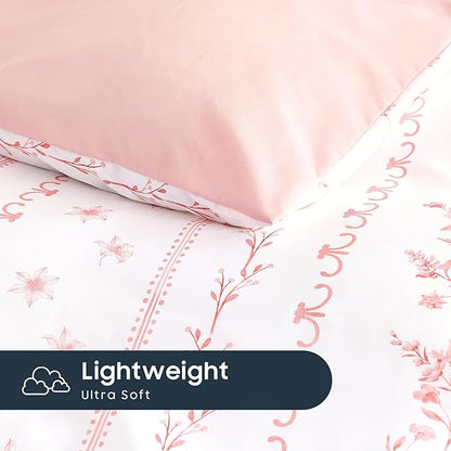 Wake In Cloud - Shabby Chic Comforter Set, Cottagecore Floral Romantic Charming Style with Botanical Stripe Pattern, Soft Lightweight Bedding, 3 Pieces, Pink White, Full Size