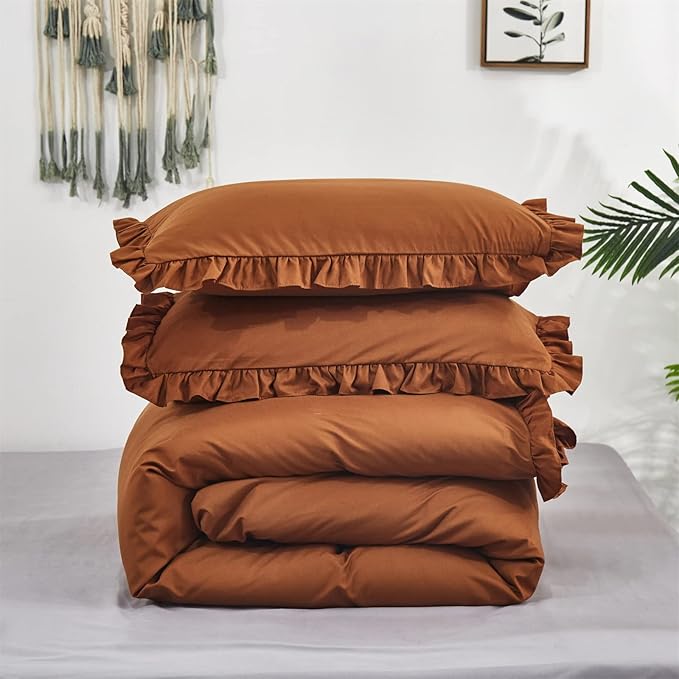 Luxlovery Pumpkin Color Ruffle Comforter Set Queen Farmhouse Rust Bedding Comforter Set Full Shabby Chic Solid Terracotta Blanket Quilts Vintage Bedding Set Women Men Adults