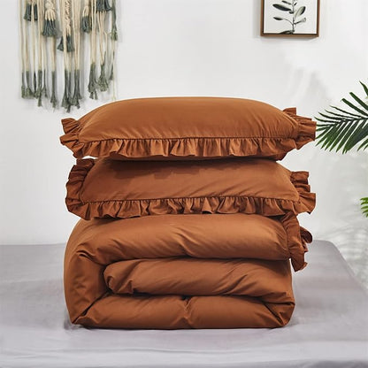 Luxlovery Pumpkin Color Ruffle Comforter Set Queen Farmhouse Rust Bedding Comforter Set Full Shabby Chic Solid Terracotta Blanket Quilts Vintage Bedding Set Women Men Adults