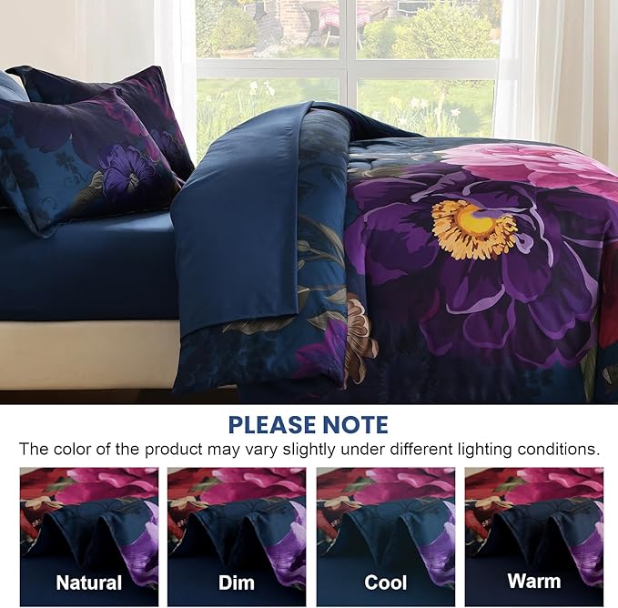 WONGS BEDDING Blue Comforter Set Queen Size Floral, 7 Pieces Bed in a Bag Set, Navy Blue and Pink Flower Bedding Set, Soft Microfiber for All Season with Pillowcases & Shams,Sheets(90"×90")