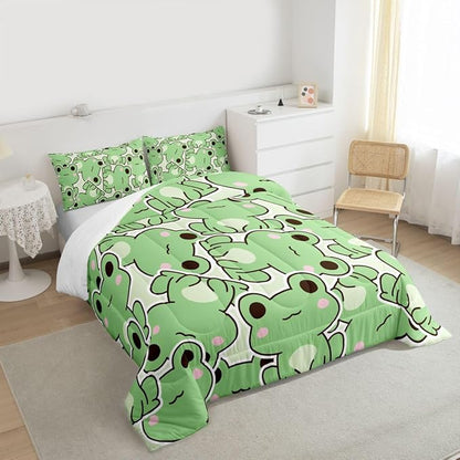 Cute Frog Comforter Set King Size, Kawaii Frog Bedding Set For Kids Boys Girls Teens, Green Wild Animals Farmhouse Down Comforter, Wildlife Rustic Funny 3Pcs Quilted Duvet All Season Bedroom Decor