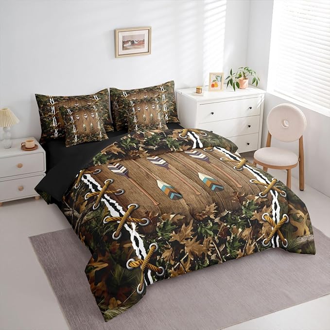 Camo Cabin Bed in a Bag King Size Comforter Set 7-Piece | Country Lake Oar Bedding Sets Mens Camouflage Comforter and Sheet Set, Woodland Animals Farmhouse Room Decor,Hunting Rustic Farmhouse Decor