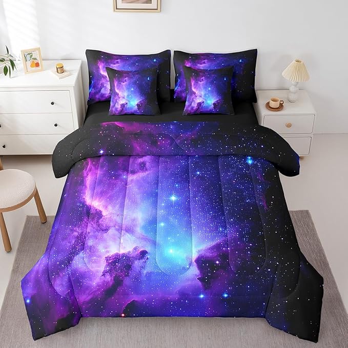 Feelyou Galaxy Comforter Set Full Size 7 Pcs Girls Universe Outer Space Comforter Bed in a Bag Kids Purple Blue Starry Sky Bedding Set for Boys Bed Set with Sheets, Pillowcases, Pillow Covers