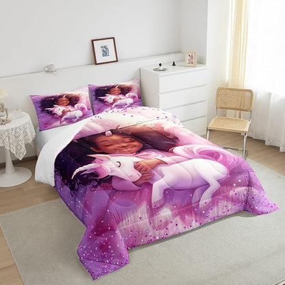 Black Cartoon Girl Comforter Set Twin Size,Cute Unicorn Castle Princess Bedding Set,Girls Women Room Decor,Girls African Glitter Sequins Down Comforter,Purple Romantic Duvet Insert,1 Pillowcase