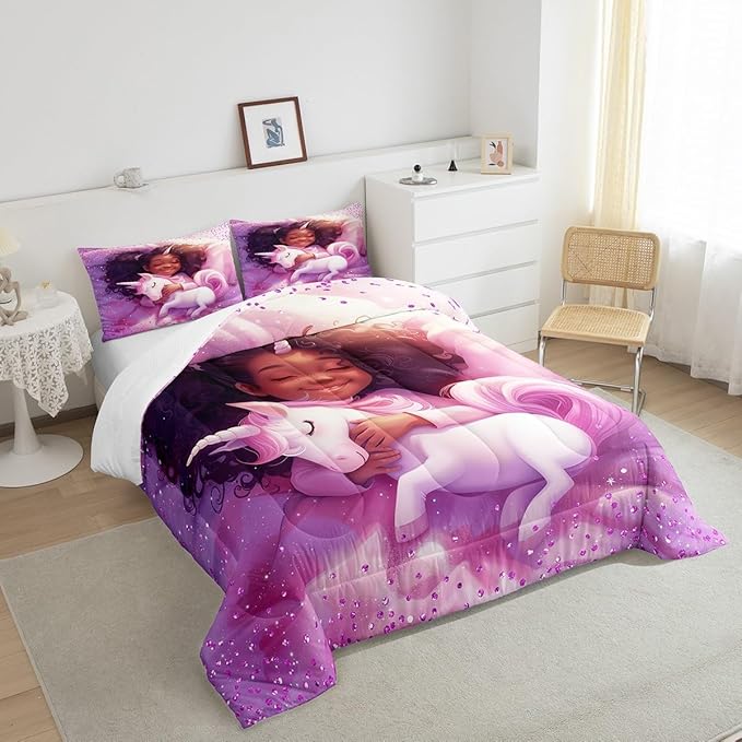Black Cartoon Girl Comforter Set Full Size,Cute Unicorn Castle Princess Bedding Set,Girls Women Room Decor,Girls African Glitter Sequins Down Comforter,Purple Romantic Duvet Insert,2 Pillowcases