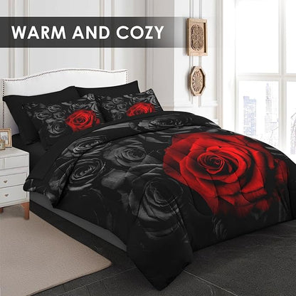 Comforter Set King Size, Red Rose Flower 7 Pcs Bedding for Kids and Adults, Summer Vintage Floral Bed Sheet Sets with Fitted Sheet 2 Pillowcases & 2 Shams for Bedroom Bed Decor