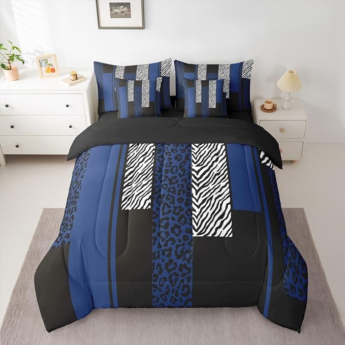 Erosebridal Leopard Print Stripes Blue Black King 7-Piece Comforter Set | Geometric Sheets and Pillowcases Zebra Cheetah Wild Animal Skin Bed in A Bag Women Men Adults Bed Sets