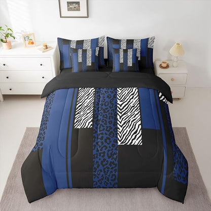 Erosebridal Leopard Print Stripes Blue Black King 7-Piece Comforter Set | Geometric Sheets and Pillowcases Zebra Cheetah Wild Animal Skin Bed in A Bag Women Men Adults Bed Sets