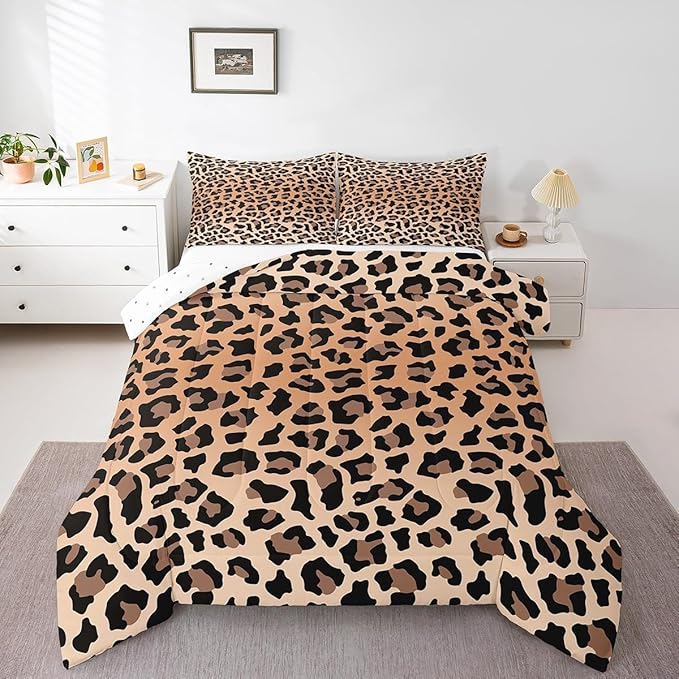 Feelyou Leopard Bedding Set Cheetah Comforter Set for Kids Boys Girls Teens Room Decor Animal Print Comforter Queen Size Safari Duvet Set 3Pcs