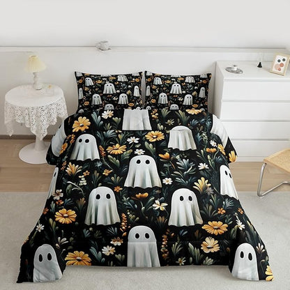 Erosebridal Spooky Halloween Boho Black King Size Comforter Set, Cute Ghost Bedding Set for Kids Boys Girls Teens Women Men Halloween Decor, Black Bohemian Floral Comforter, Retro Horror Theme Quilt