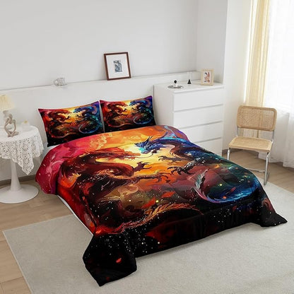 Feelyou Dragon Comforter Set Full Size Western Dragon Comforter for Boys Girls Teens Wildlife Bedding Set Wild Animal Duvet Set Room Decor Dark Orange Quilt Set