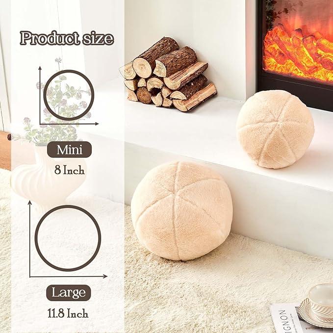 Uvvyui Beige Ball Pillow, 8" Cute Mini Round Throw Pillow Faux Rabbit Fur Room Decorative Throw Pillow, Ball Shaped Pillow Plush Cushion for Couch, Sofa, Bedroom