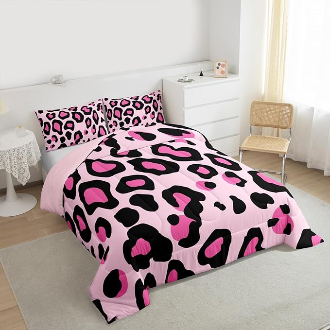 Erosebridal Pink Black Leopard Full Size Comforter Sets for Kids Boys Girls,African Cheetah Print Bedding Set,Farmhouse Rustic Duvet Insert,Wild Animal Skin Quilt Bedroom Decor