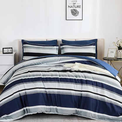 WONGS BEDDING Comforter California King Size, Navy Blue Striped Cal King Comforter Set, 7 Pieces Bed in a Bag Soft Bedding Set with Comforter, Flat Sheet, Fitted Sheet, Pillow Shams, Pillowcase