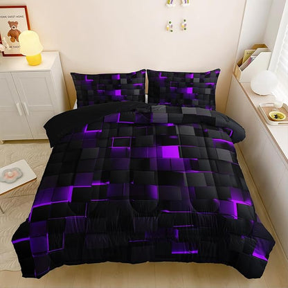 Neon Purple Black Comforter Set Twin Geometric Kids Bedding Set,3 PCS Geometry Honeycomb Bed Set Modern Quilt Set 1 Comforter 2 Pillow Cases Cool Room Decor All Season B-Side Black