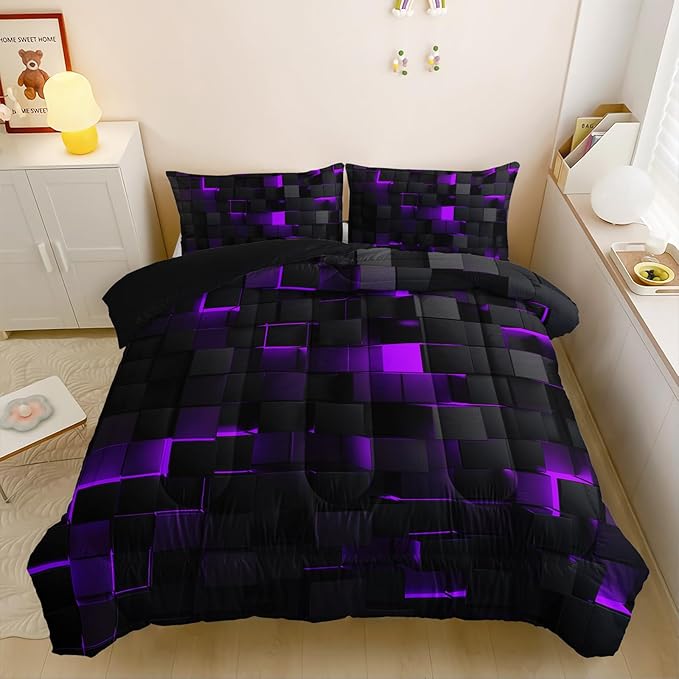 Neon Purple Black Comforter Set Queen Geometric Kids Bedding Set,3 PCS Geometry Honeycomb Bed Set Modern Quilt Set 1 Comforter 2 Pillow Cases Cool Room Decor All Season B-Side Black