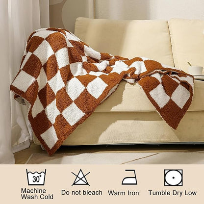 MorroMorn Checkered Throw Blanket for Couch, 2-Layers Soft Cozy Fleece Plaid Blankets Checkerboard Grid - Fluffy Fuzzy Warm for Sofa Chair Bed Christmas Fall Decor Gifts (Caramel, Throw 50"x60")