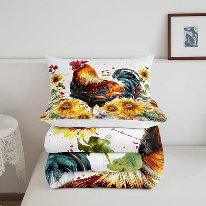 Erosebridal Sunflower Comforter Set King Size, Chicken Bedding Set, Yellow Floral Down Comforter, Watercolor Botanical Chick Animal Red Rooster Duvet Set, Tie Dye Quilted Duvet Bedroom Decor