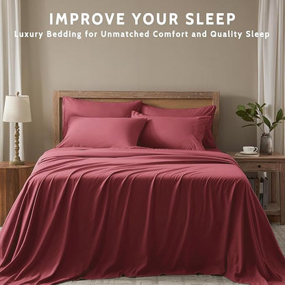 King Size Sheets Set - 6 Piece Luxuriously Soft & Cooling Sheets King Size - Ultra Soft 16" Deep Pocket King Sheet Set - Fitted Sheet & Pillowcase Sets (King Burgundy)