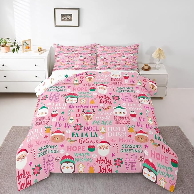 Pink Christmas Girls Bedding Set Twin Size Cute Santa Claus Penguin Cartoon Comforter Set 2pcs for Kids Boys Women Xmas Decor Wild Animals Deer Quilt Set Pink Fantasy Duvet Insert,1 Pillowcase