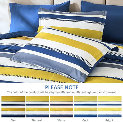 WONGS BEDDING Blue Comforter King Size Set, 7 Pieces Bed in a Bag Blue and Yellow Comforter Set, Soft Boho Striped Bedding Sets with Sheets, Pillowcases & Shams