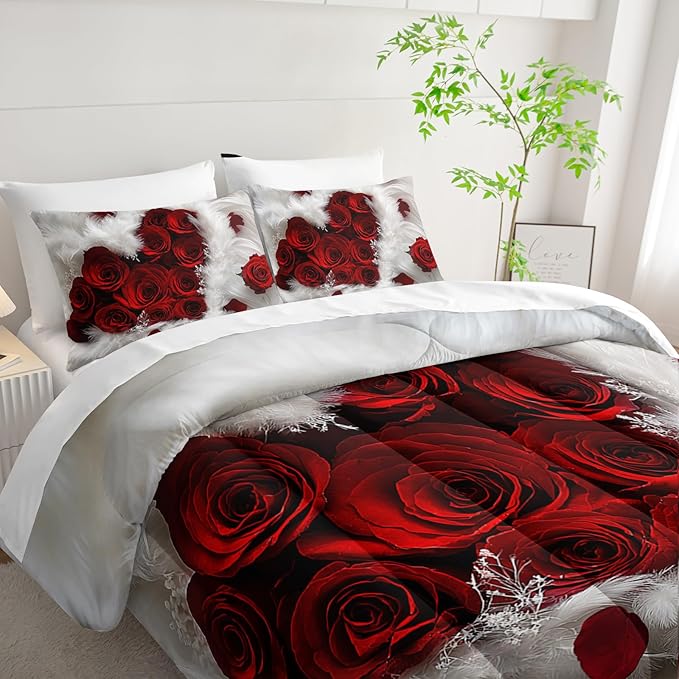 7 Piece Rose White and Red Comforter Set Queen Size Bed，Valentine’S Day Valentines Day Bedding Queen Floral，(1 Comforter, 1 Flat Sheet, 1 Fitted Sheet, 2 Pillowcase and 2 Pillow Sham)