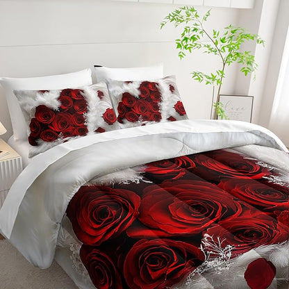7 Piece Rose White and Red Comforter Set Queen Size Bed，Valentine’S Day Valentines Day Bedding Queen Floral，(1 Comforter, 1 Flat Sheet, 1 Fitted Sheet, 2 Pillowcase and 2 Pillow Sham)