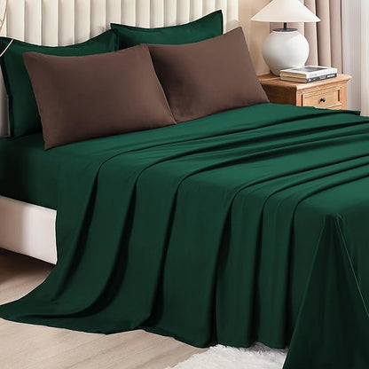 Litanika King Comforter Sets Brown Emerald Green- 7 Pieces Bed in a Bag Beddding Sets, Solid Lightweight Bed Set with Comforter, Sheets, Pillowcases & Shams