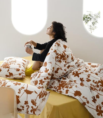 KAREVER Pumpkin Botanical Comforter Set Full White and Pumpkin Floral Plant Bedding Comforter Set Girls Pumpkin Color Blossom Leavs Printed on White Blanket Full Size