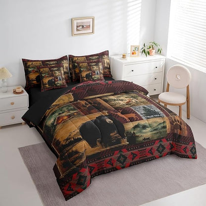 Erosebridal Anlters Moose Bear Hunting Queen Comforter Set 7 Piece,Boho Rustic Cabin Lodge Bed in a Bag with Sheet Set,Retro Patchwork Buffalo Plaid Bed Sheets,Woodland Fox Wild Animal Bedding Set