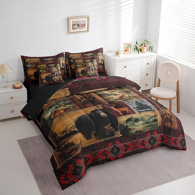 Erosebridal Anlters Moose Bear Hunting Twin Comforter Set 7 Piece,Boho Rustic Cabin Lodge Bed in a Bag with Sheet Set,Retro Patchwork Buffalo Plaid Bed Sheets,Woodland Fox Wild Animal Bedding Set