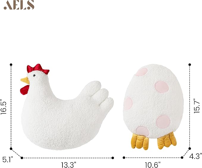AELS Easter Egg & Chicken Shaped Throw Pillows, Set of 2, Easter Egg and Rooster Decorative Pillows, Spring Easter Decor for Sofa Couch Living Room Bedroom Nursery, White