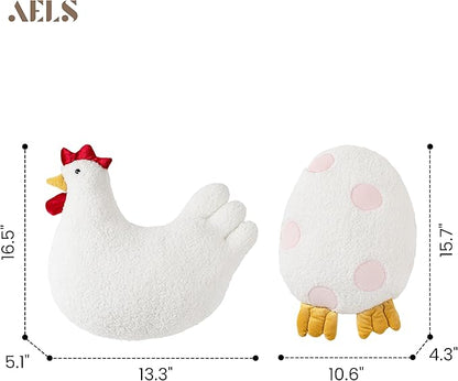 AELS Easter Egg & Chicken Shaped Throw Pillows, Set of 2, Easter Egg and Rooster Decorative Pillows, Spring Easter Decor for Sofa Couch Living Room Bedroom Nursery, White