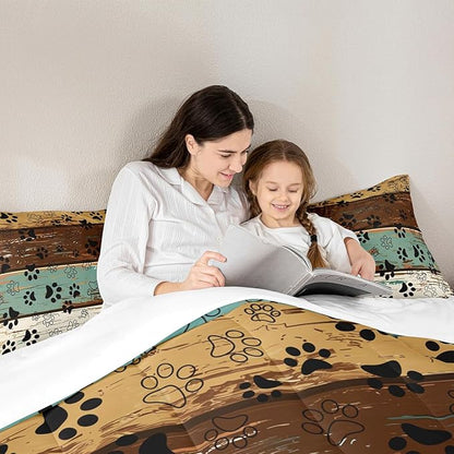 Manfei Dog Paw Print Comforter Set Queen Size, Animal Theme Bedding Set for Kids Boys Girls Room Decor, Farmhouse Blue Brown Wooden Plank Down Comforter, Soft Polyester Quilt Set,2 Pillowcases