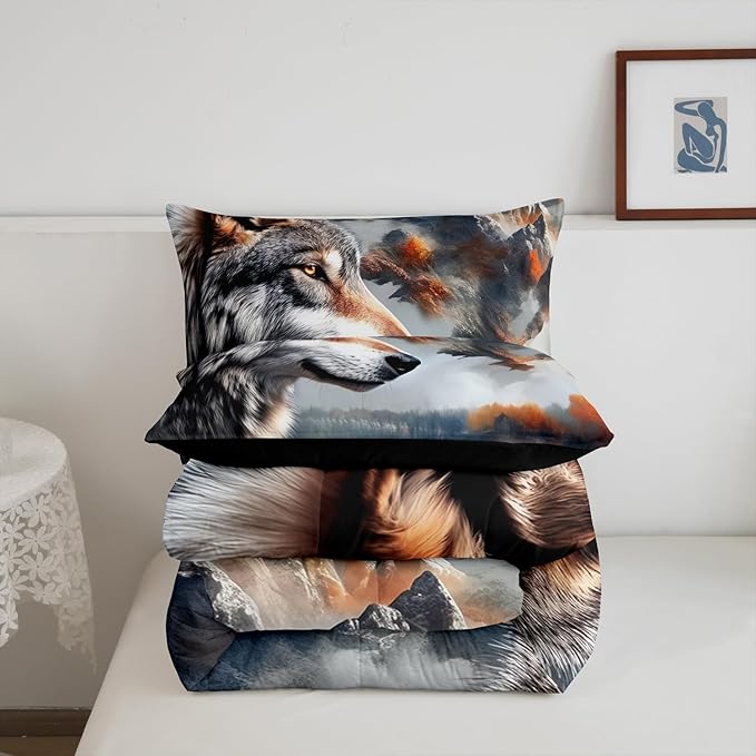 Erosebridal Hunting Wolf King Bedding Set,Wildlife Safari Comforter Set for Women Men Bedroom Decor,Rustic Mountain Theme Quilt Set Exotic Ethnic Bedding Comforter Sets,2 Pillowcases
