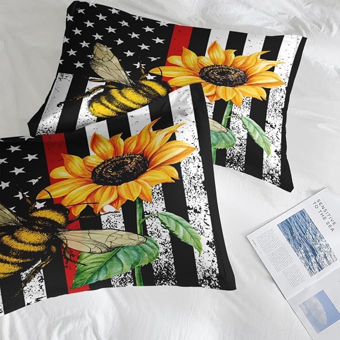 Comforter Set King Size, Honey Bee Vintage 7 Pcs Bedding for Kids and Adults, Sunflower Flower Sun Bed Sheet Sets with Fitted Sheet 2 Pillowcases & 2 Shams for Bedroom Bed Decor